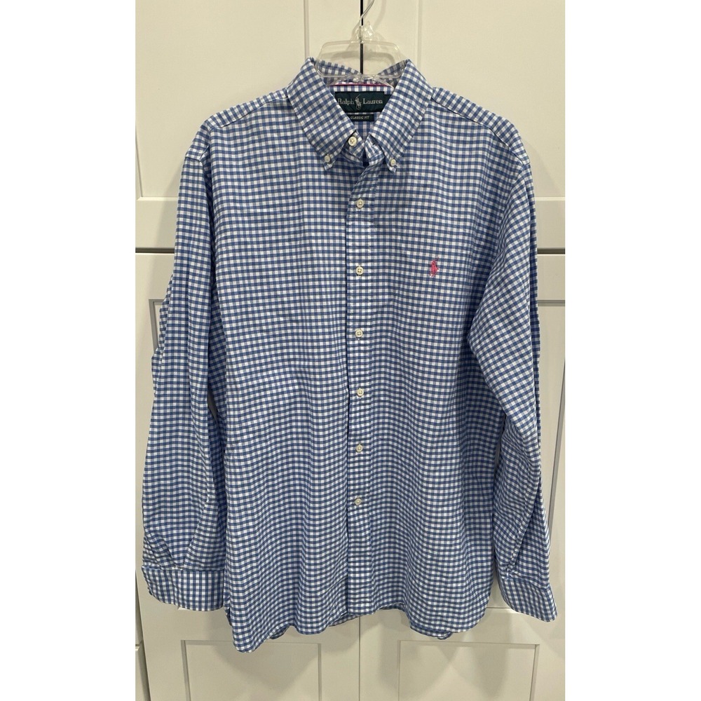 VTG Polo Ralph Lauren Blue White Plaid Button Up Shirt‎ L Classic Fit AK109